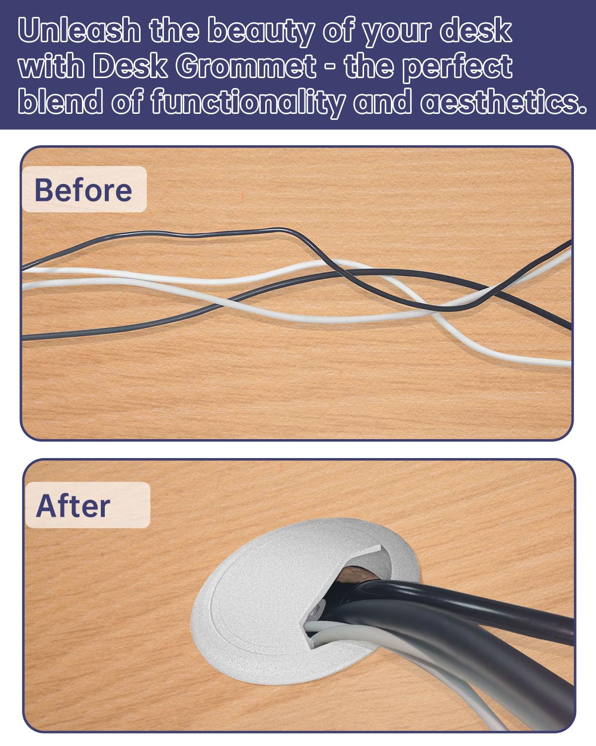 Desk Grommet 2 inch (50 mm) 10 Pack - White ABS Plastic Cable Hole Cover with Hole Cutter for TV, Office, and Home Table - Hide Wires Behind Wall, TV Wall Cable Pass Through