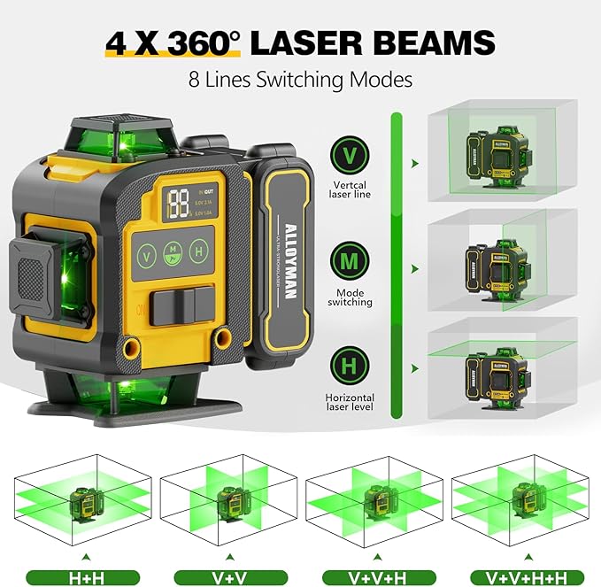 Alloyman 4x360°Self Leveling Laser Level, 12 Ft./3.7M Professional Laser Level - Image 2