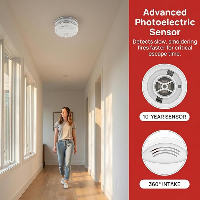 2 Pack Photoelectric Smoke Detector, 10-Year Battery Operated Fire Alarm - Image 4