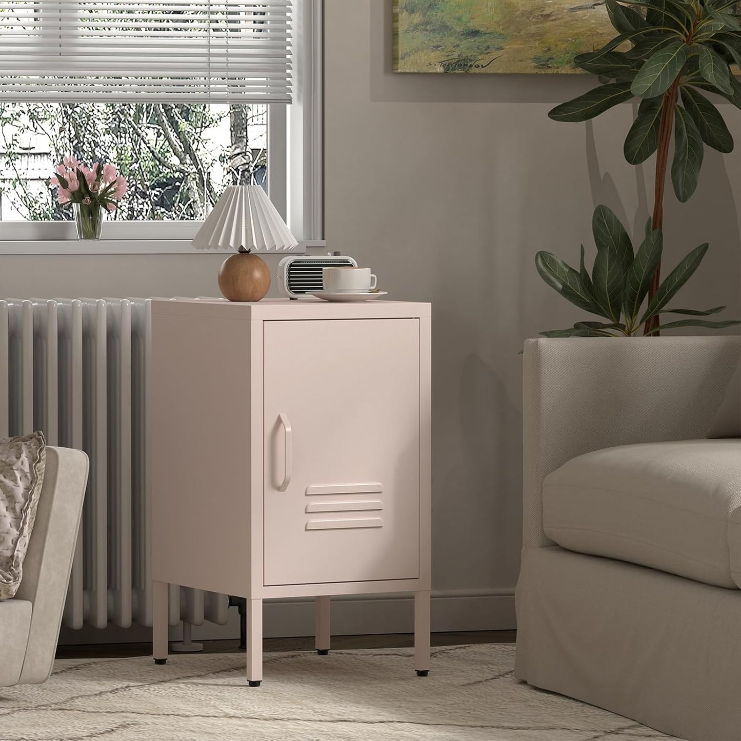 Metal Cabinet,Locker Nightstand with Shelf,Metal Storage Locker,Steel Bedside Storage Cabinets for Living Room Bedroom,Pink