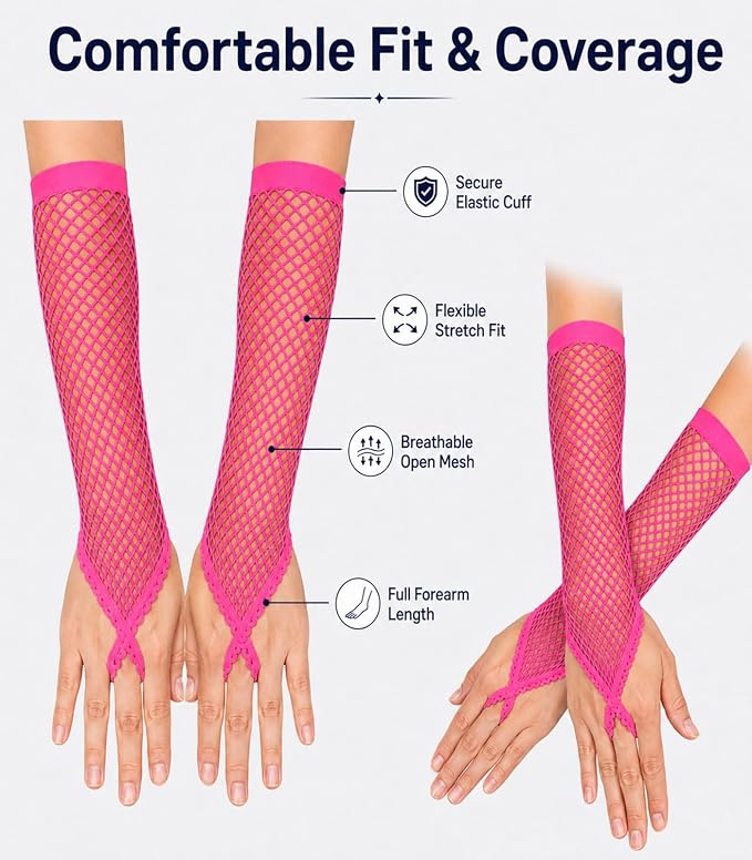 Seeksmile Women's Girls 80's Theme Party Emo Fingerless Arm Fishnet Gloves - Image 3