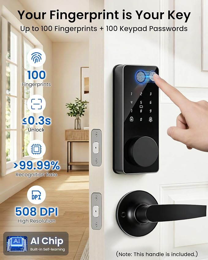 Smart Lock with 2 Lever Handle Set, Fingerprint Keyless Entry Door Lock Front - Image 3