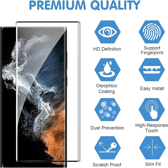 3 Pack Galaxy S22 Ultra Screen Protector, HD Clear Tempered Glass, Fingerprint - Image 2