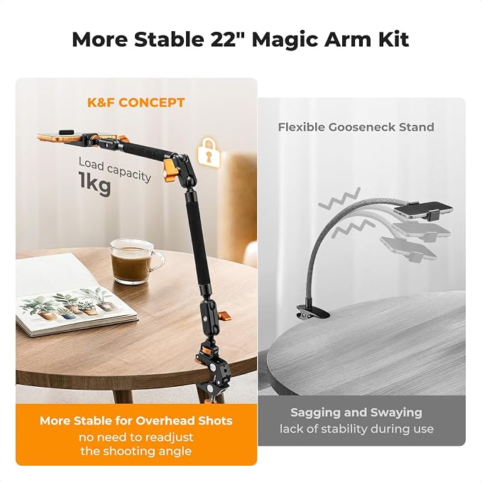 K&F CONCEPT 22" Magic Arm Clamp Kit, Overhead Desk Camera Mount, Long - Image 7