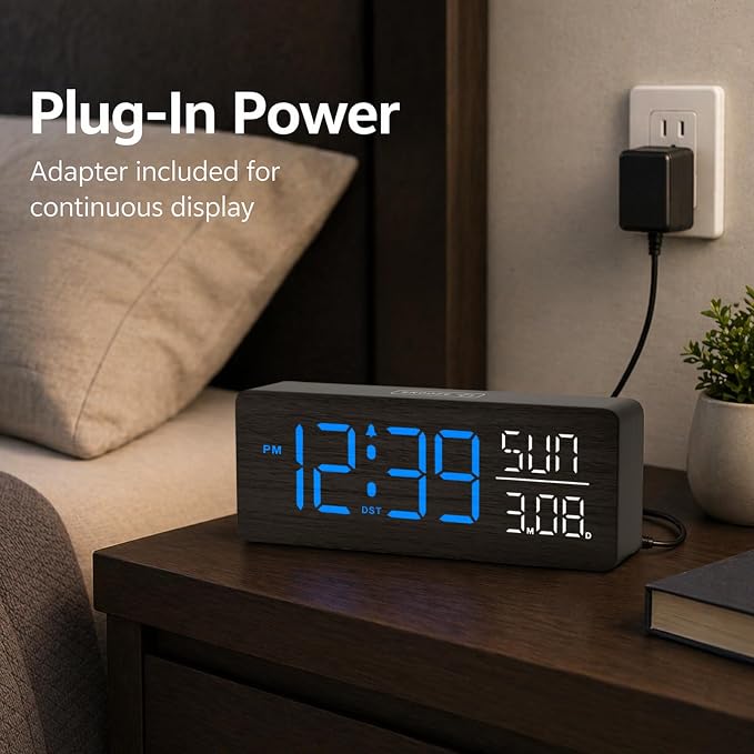 Peakeep Wooden Digital Alarm Clock Large Display, Textured Decoration - Image 2