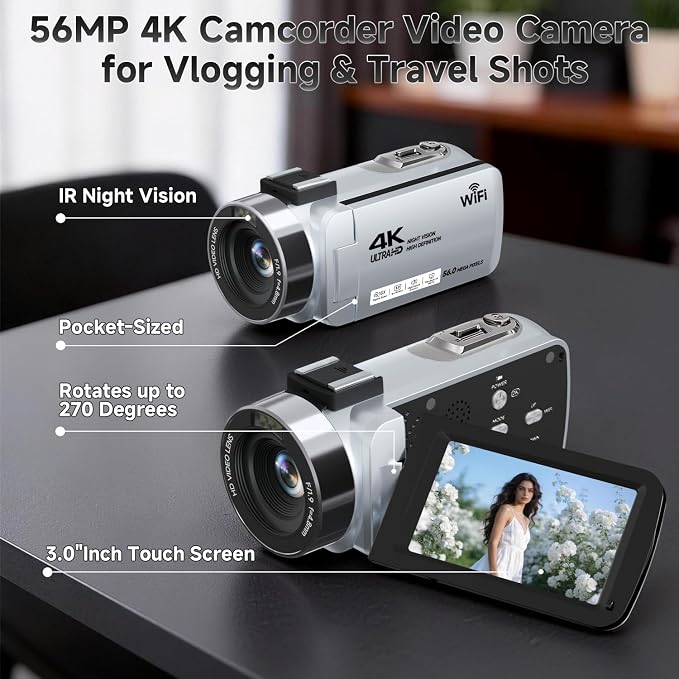 Video Camera, 4K Camcorder 56MP Digital Video Recorder 18X Zoom 3" 270° - Image 2
