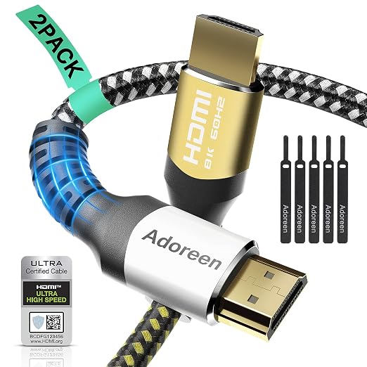 Adoreen 8K HDMI 2.1 Cable 16.5 feet/2 Pack, 48Gbps Braided HDMI Cord by Adoreen