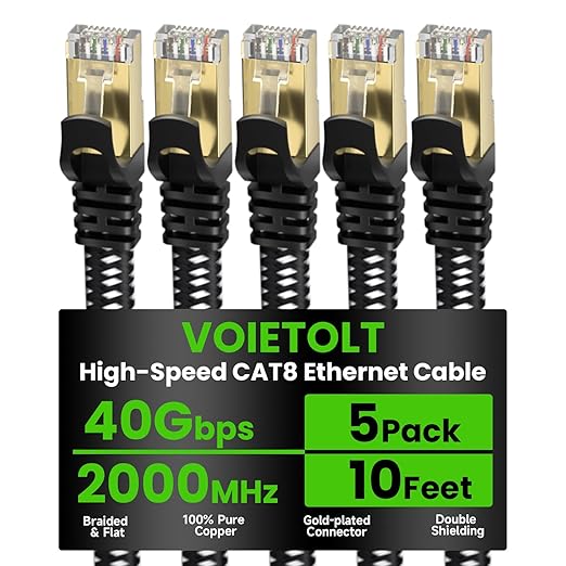 Cat 8 Ethernet Cable Flat 10 FT 5Pack, High Speed 40Gbps 2000Mhz Braided by EthernetCable