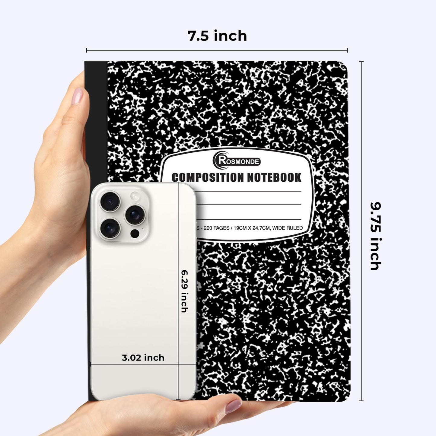 12 Pack Composition Notebook Wide Ruled Bulk, 200 Pages (100 Sheets), 9-3/4 x 7-1/2", Hard Cover Wide Ruled Notebook Bulk, Black Marble Composition Notebook Wide Ruled, Bulk Office Notebooks