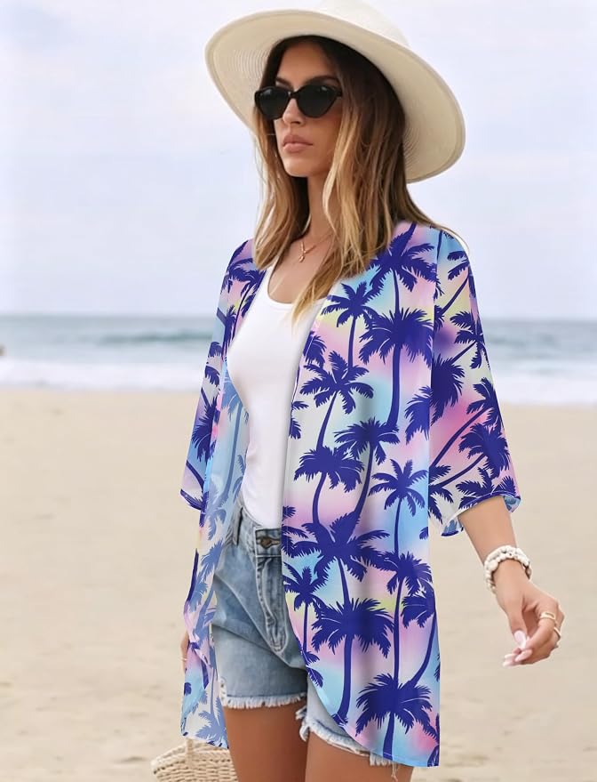 Women's Floral Print Puff Sleeve Kimono Cardigan Loose Cover Up Casual Blouse - Image 5