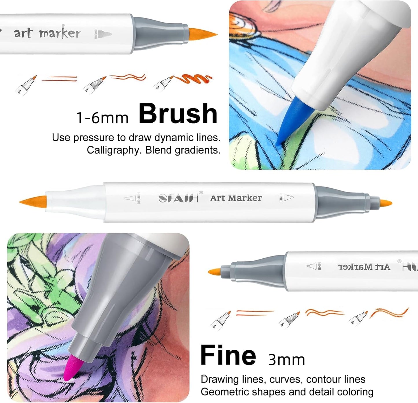 SFAIH Alcohol Markers Brush & Fine - 217 Colors Double Tipped Art Markers for Adult Coloring Illustration, Gifts for Artist Adult - Adjustable Shoulder Strap & Faux Leather Lining & Outer Zip Pocket