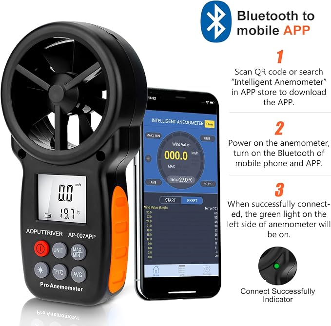 Digital Anemometer Bluetooth, Air Flow Velocity Meter Measuring Wind - Image 4