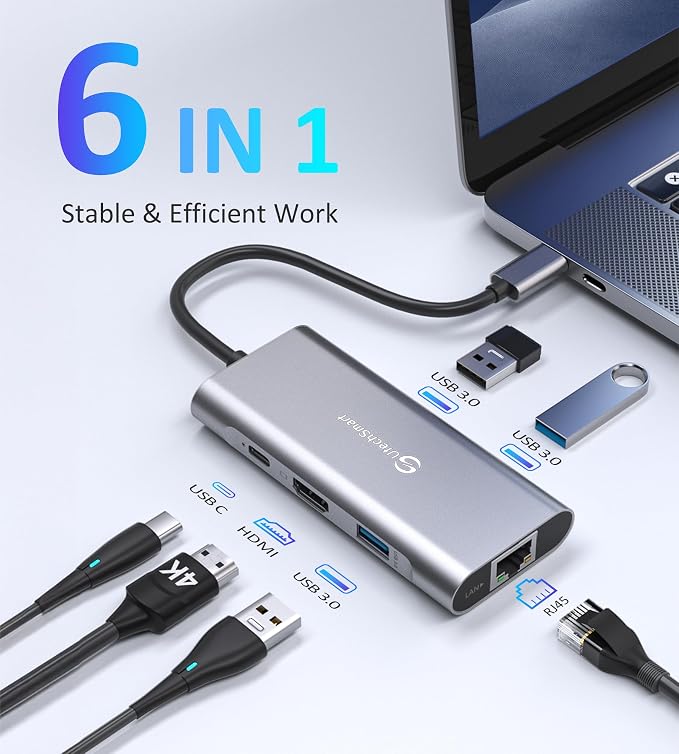 UtechSmart USB C Hub, USB C Ethernet Multiport Adapter, 6 In 1 USB C to HDMI - Image 3