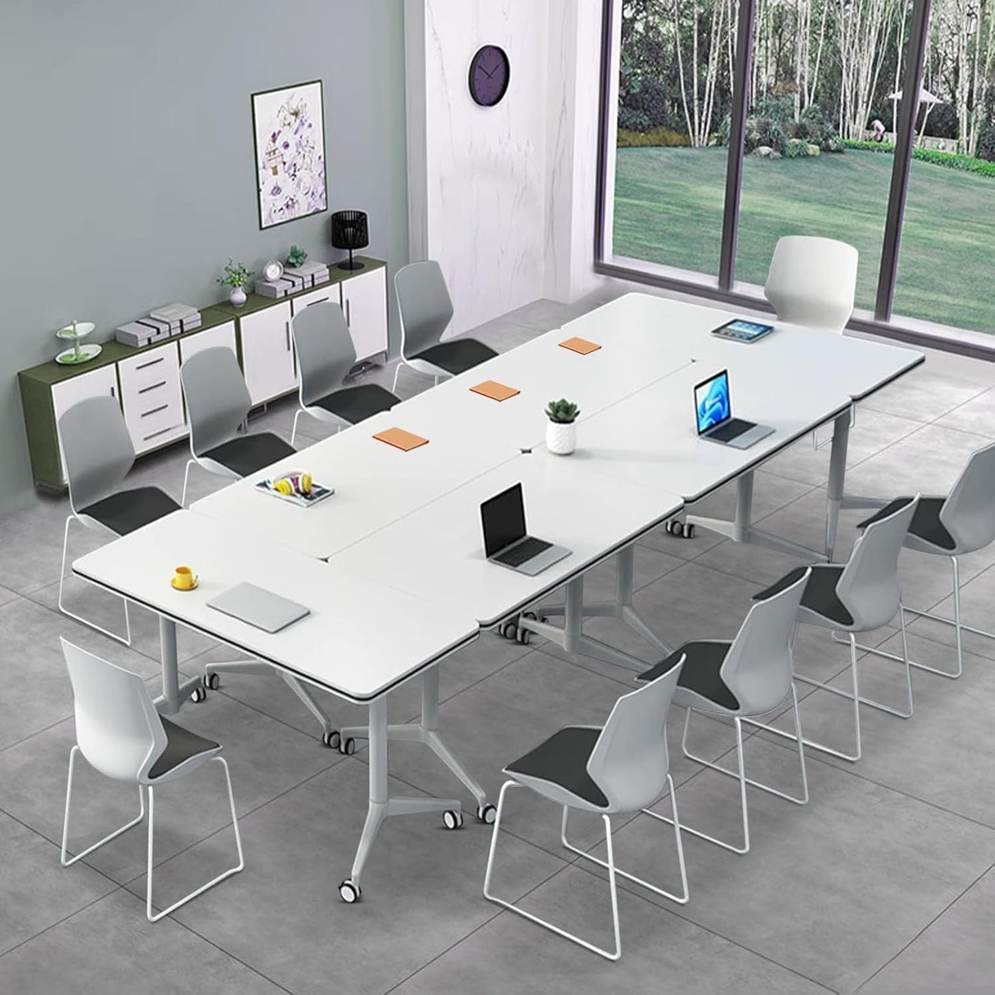 Folding Conference Table, Modern Large Conference Room Tables with Flip-Top Design, Foldable Conference Table Meeting Table with Wheels, Mobile Seminar Training Tables for Office Classroom (2, White)