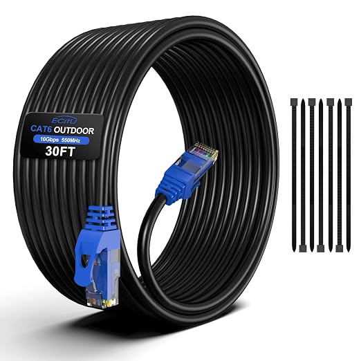 30FT Cat6 Outdoor Ethernet Cable, Heavy Duty Direct Burial, 24AWG CCA Patch Cord by ECJTU-US