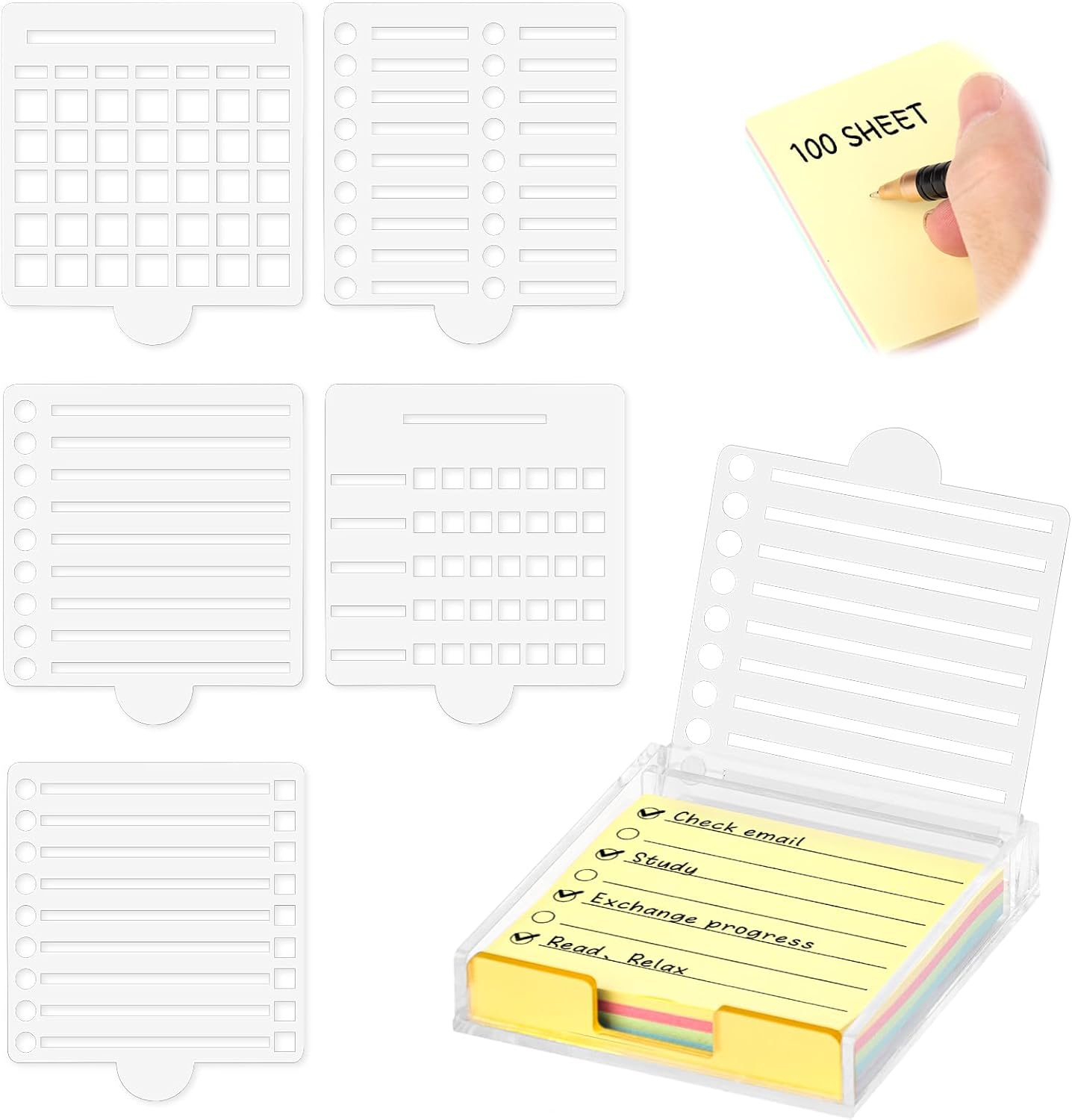 3" x 3" Sticky Notes Holder with 5 Different Stencil & 100 Sheet Post It Notes Clear Acrylic Self-Stick Sticky Note Dispenser Post It Note Holder Memo Organizer for Classroom Office Desk Organizer