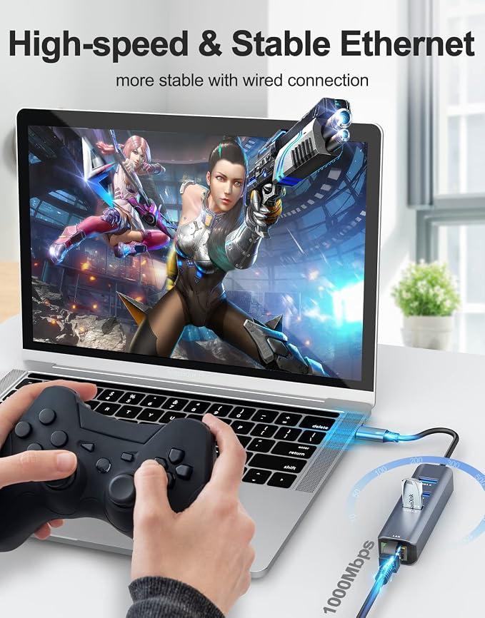 ABLEWE USB C to Ethernet Adapter, 4-in-1 RJ45 to USB-C/Thunderbolt 3 to Gigabit - Image 4