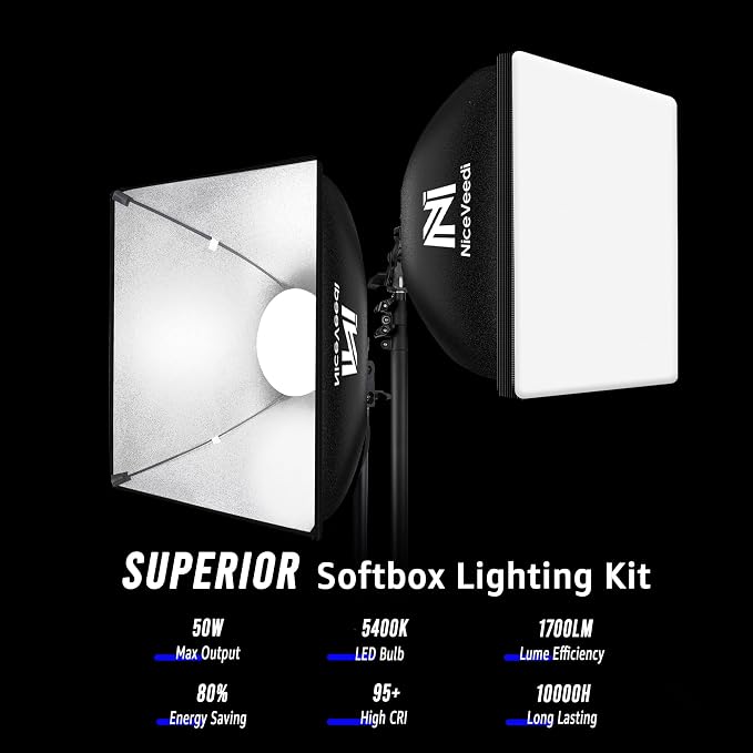 Softbox Lighting Kit, NiceVeedi 2-Pack 16'' x 16'' Softbox Photography Lighting - Image 2