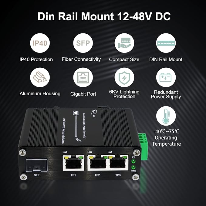 3 Ports Mini Industrial Gigabit Ethernet Switch 10/100/1000Mbps RJ45, - Image 6