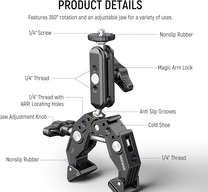 NEEWER Super Clamp with 3" Dual Ballhead Magic Arm, Cold Shoe, 1/4" Threads - Image 2