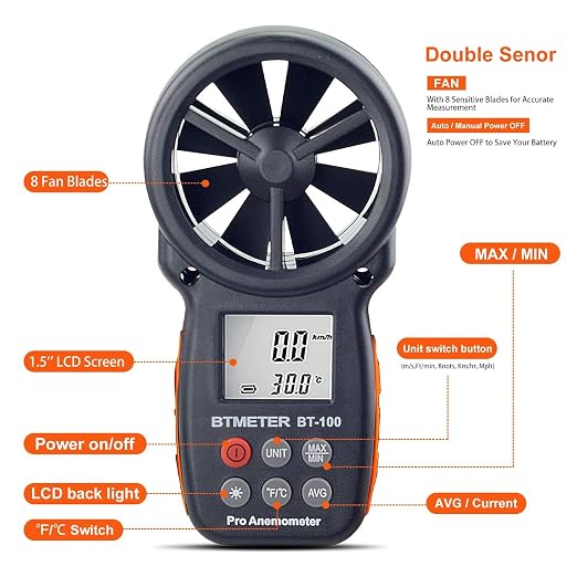 BTMETER BT-100 Handheld Anemometer, Digital Wind Speed CFM Meter Gauge Air Flow - Image 4
