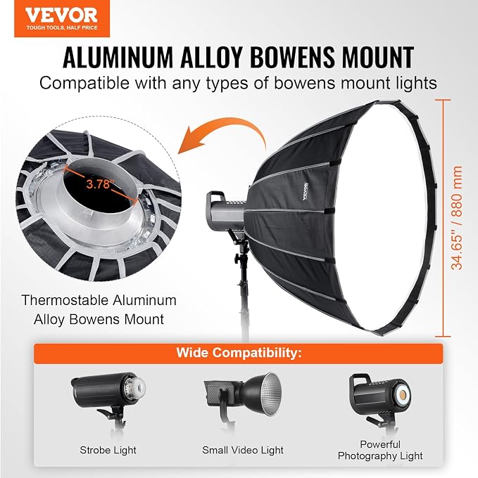 VEVOR Parabolic Softbox, 33 in / 850 mm, Quick Release and Quick Fold, - Image 2