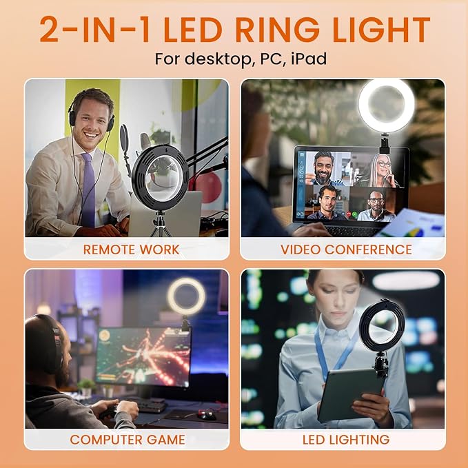 2 in 1 LED 6" Ring Light with Tripod Stand & Clamp - Image 3