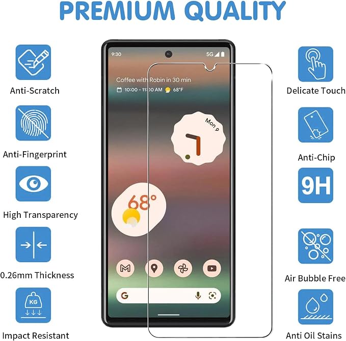 Glass Screen Protector for Google Pixel 6a 5G, 9H Tempered Glass, Fingerprint - Image 2