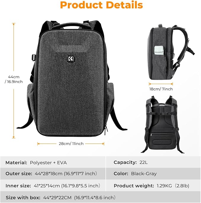 K&F CONCEPT Camera Backpack, Hardshell Photography DSLR Camera Bag - Image 7