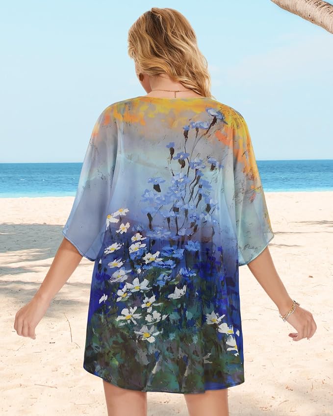 Women's Floral Print Puff Sleeve Kimono Cardigan Loose Cover Up Casual Blouse - Image 7