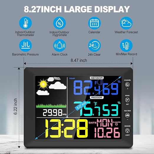 Urageuxy Weather Station Wireless Indoor Outdoor, 8.3 Inch Color Display - Image 2