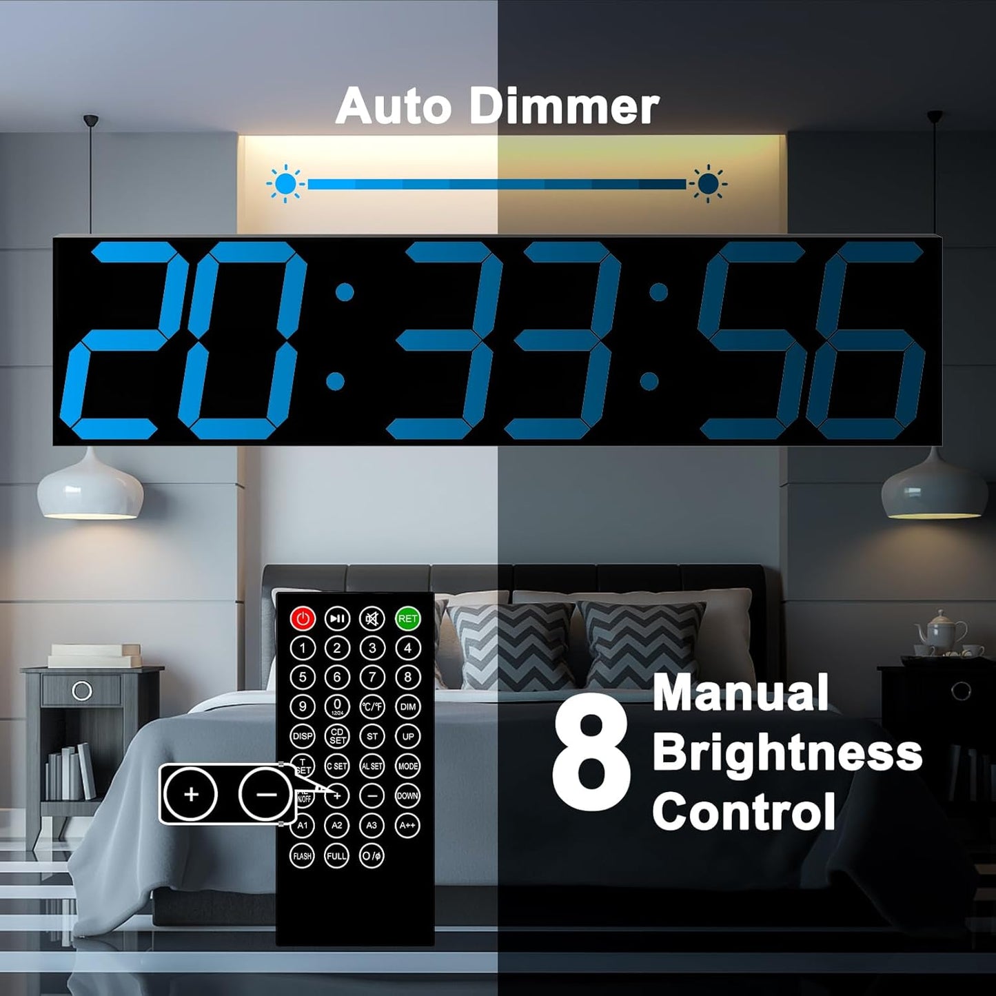 Digital Wall Clock, Oversize Led Digital Clock Large Display with Auto Dimmer, Huge Countdown Timer with Remote Control, 27" Wide Display, 6 Digits, Wall Mount, Date and Temperature(Ice Blue)