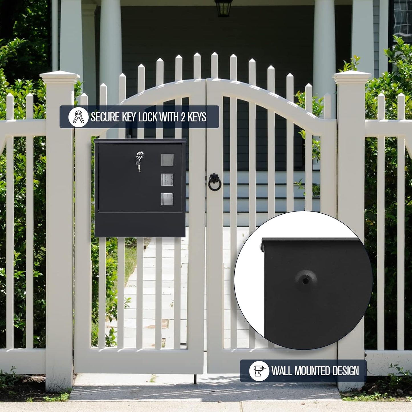 KYODOLED Locking Mailbox Wall Mount, Locked Mail Boxes, Mailbox with Key Lock for Outside, Large Capacity Drop Box for Newspapers, 13 x 3.4 x 11.8 Inch, Black