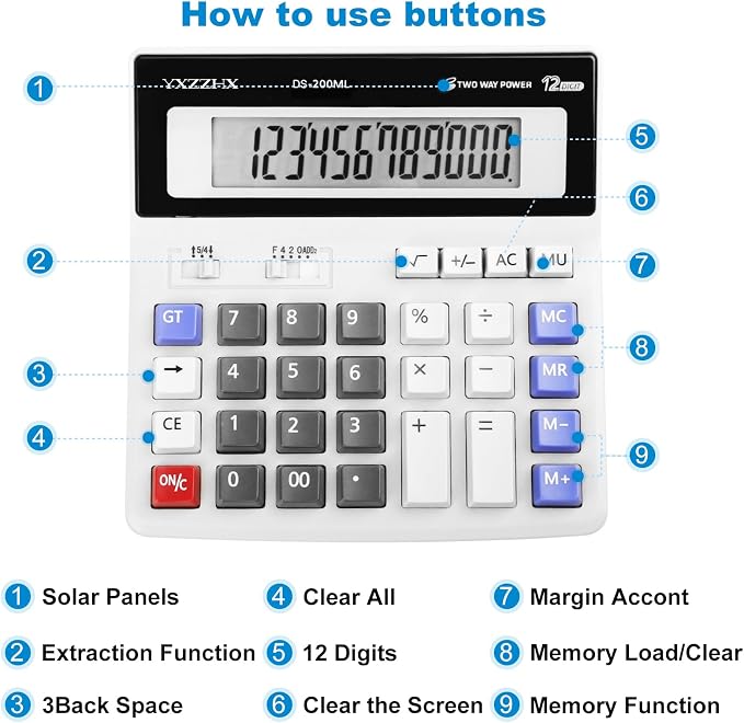 Desk Calculator 12 Digit Extra Large 4.3-Inch LCD Display, Two Way Power - Image 7