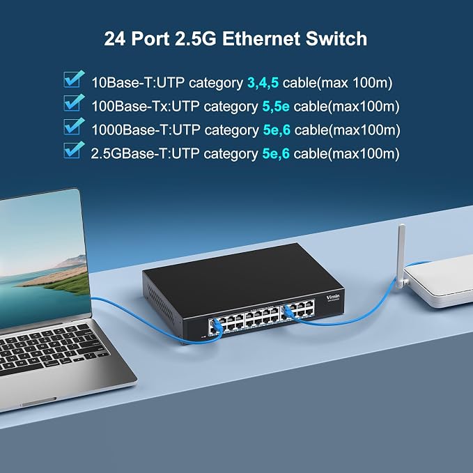 24 Port 2.5G Switch Unmanaged, Vimin 2.5GB Base-T Ethernet Switch, 2.5Gb - Image 4