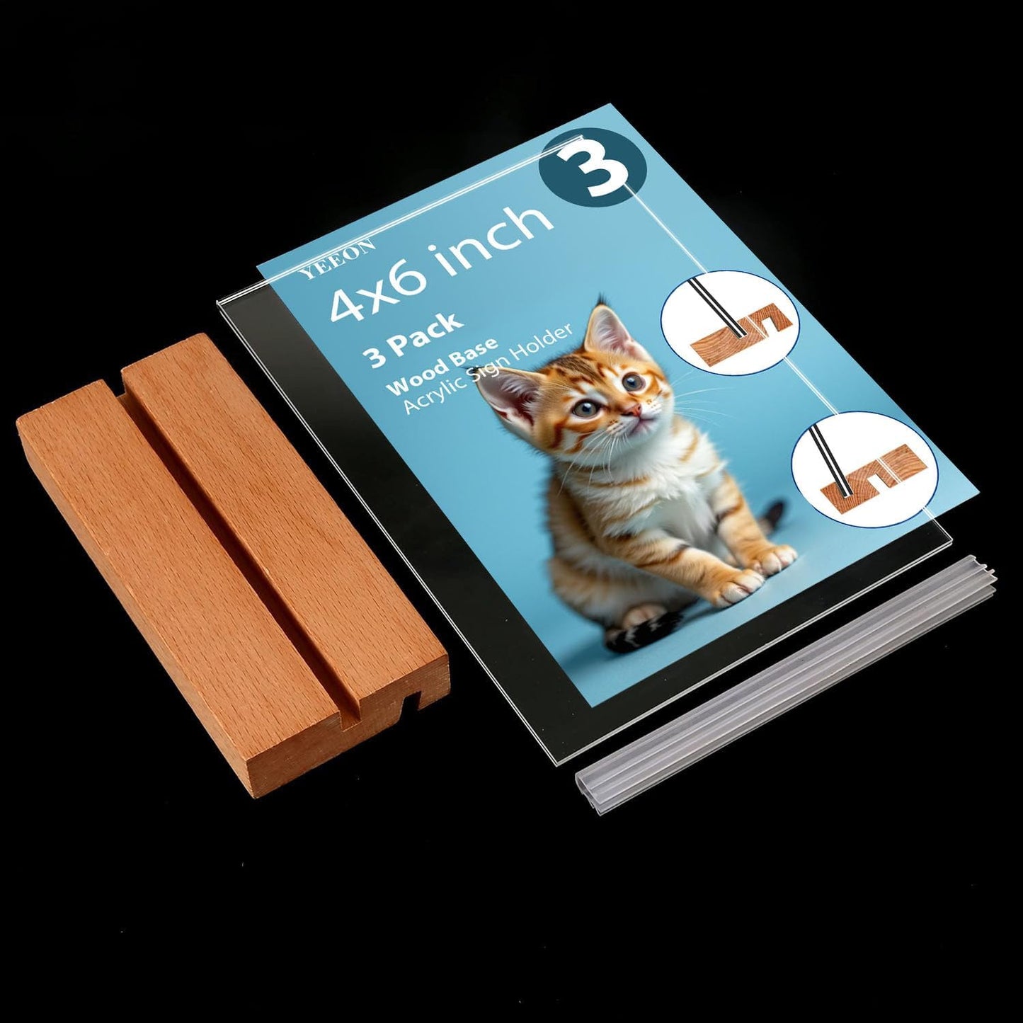 Acrylic Sign Holder with Wooden Base, Desktop Display Stand (4x6 3Pack)