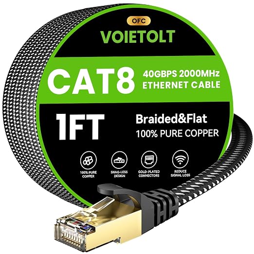 Cat 8 Ethernet Cable 1 FT Flat, High Speed 40Gbps 2000Mhz Braided Internet Cable by EthernetCable