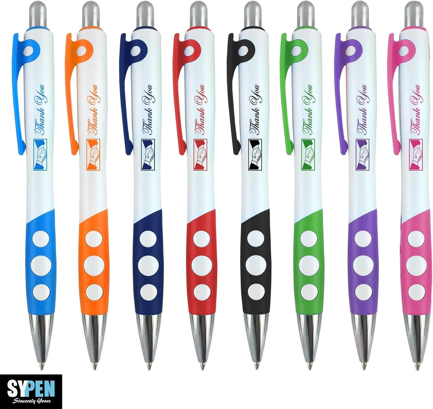 SyPen Personalized Ballpoint Pens With Custom Logo/Text-350 Pack Bulk-for Businesses, Parties, & Events, Custom Printed, White Barrel with Matching Colored Clip and Grip, Click Pens, Black Ink, Red