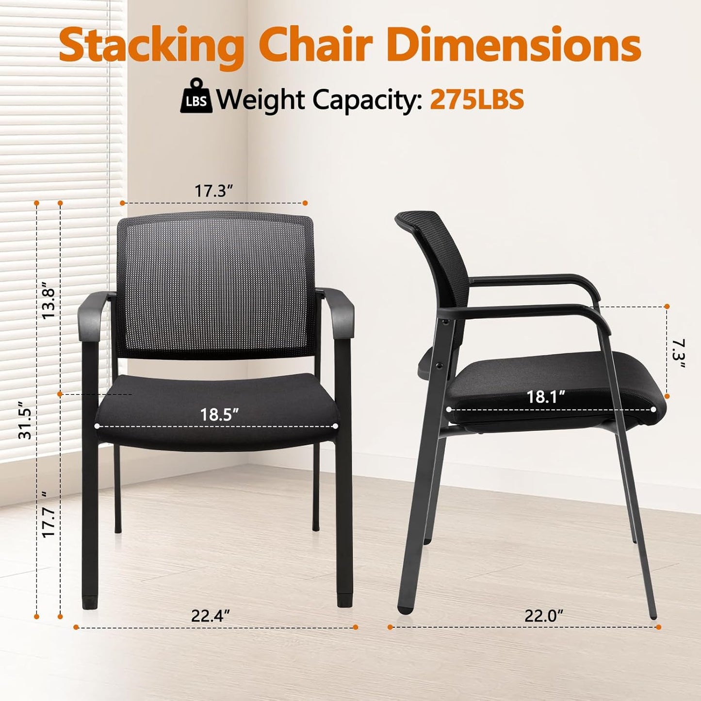 CLATINA Mesh Back Stacking Arm Chairs with Upholstered Fabric Seat and Ergonomic Lumber Support for Office School Church Guest Reception Black