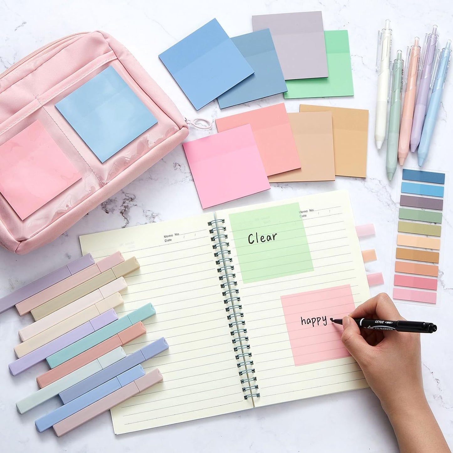 Jutom 39 Pcs Aesthetic Book Annotation Kit Highlighter with Pencil Case Bag Gel Pen Transparent Sticky Note Taking Bible Study College School Supplies(Pink,Kawaii Style)
