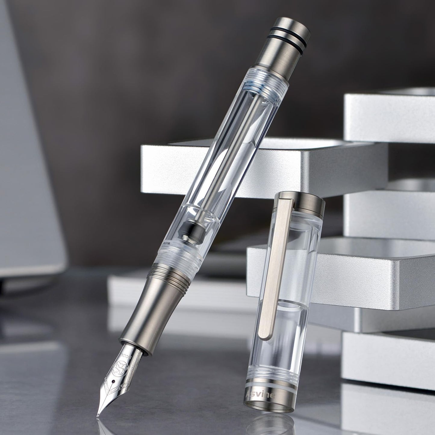 Asvine V200 Titanium Fountain Pen Vacuum Filling, Germany Bock Extra Fine Nib Clear Transparent Acrylic Smooth Writing Pen Case Set