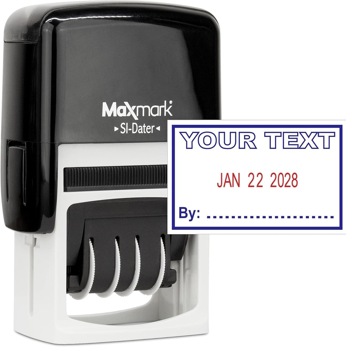 MaxMark Office Date Self Inking Stamp with Your Custom Text - 1" x 1-5/8” - 2-Color Blue/Red Ink