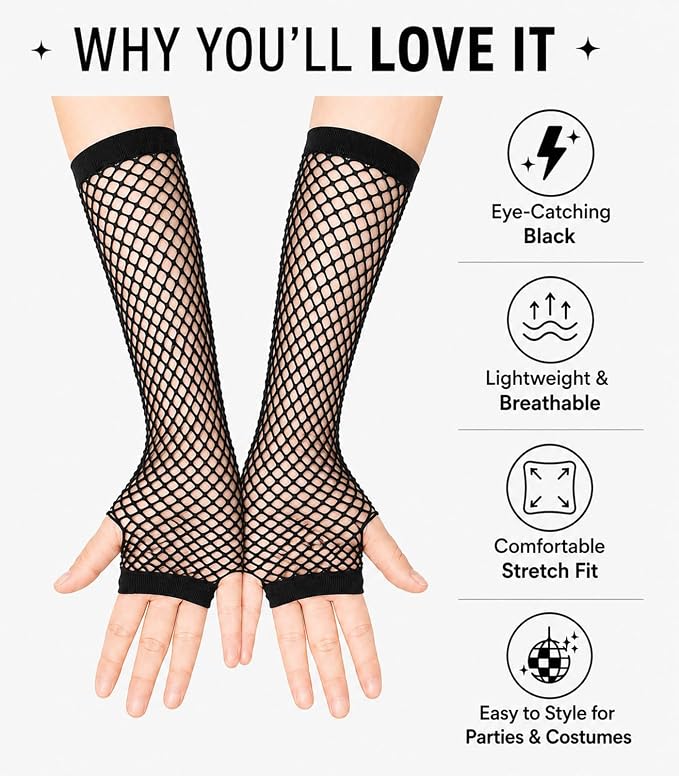 Seeksmile Women's Girls 80's Theme Party Emo Fingerless Arm Fishnet Gloves - Image 5