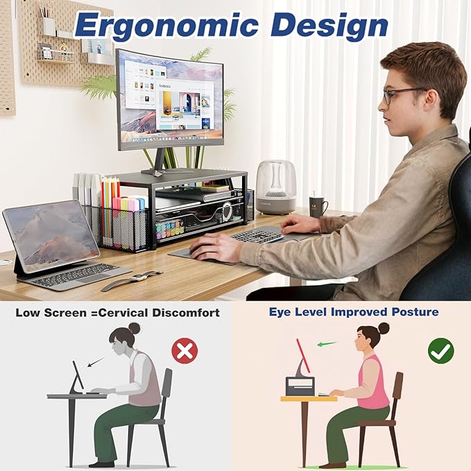 OPNICE Desk Organizer and Accessories, Dual Computer Monitor Stand Riser - Image 2