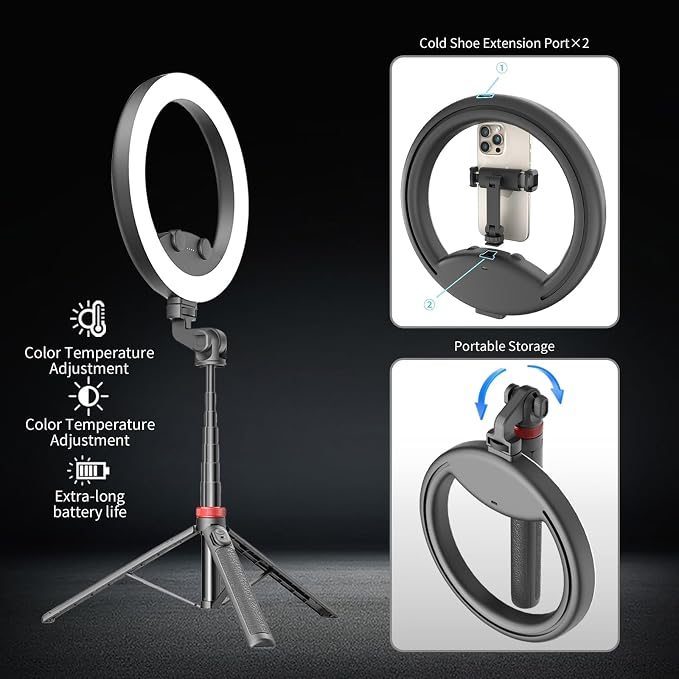 10''Selfie Ring Light with 64''Tripod Stand, Rechargeable Ring Light with Phone - Image 6