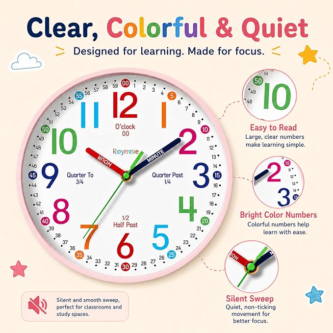 Roymnie Wall Clock 8 Inch for Kids Learning to Tell Time Easily Non Ticking - Image 8