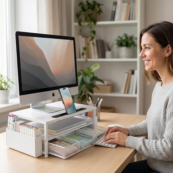 AUPSEN White Monitor Stand Riser, 2-Tier Wood Computer Desk Organizer - Image 8