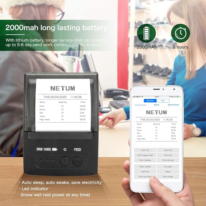 NETUM Bluetooth Receipt Printer, Portable 58mm Mini Thermal Pos Printer - Image 5