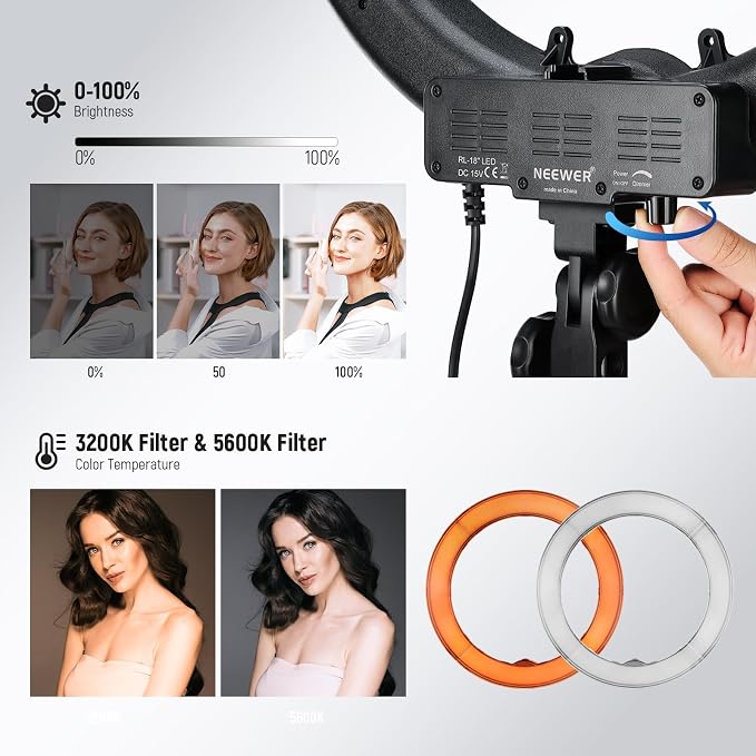 NEEWER 55W 18"/45cm Ring Light Kit, 5600K Dimmable LED Ringlight Tripod Stand - Image 7