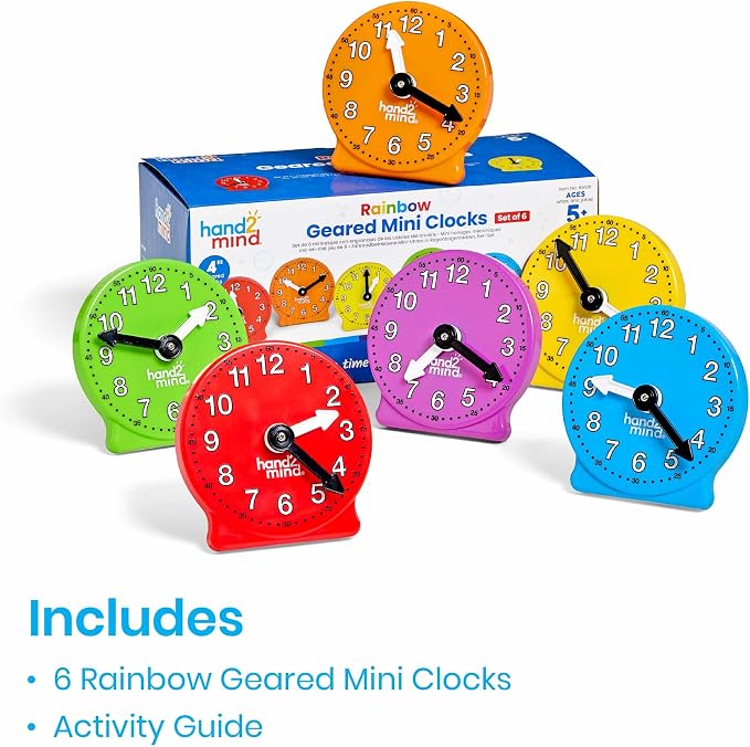 hand2mind Rainbow Geared Mini Learning Clock Set of 6, Analog Teaching Clocks - Image 2